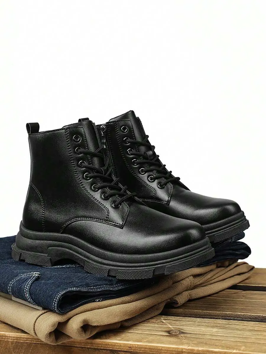 Stylish Retro Boots for Men, Leather Finish, Durable Non-Slip Sole, Zipper Closure